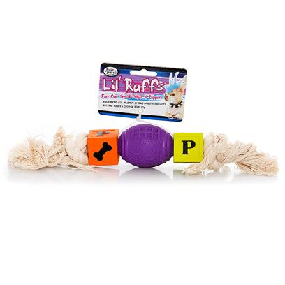 Four Paws Presents Lil' Ruffs Rubber Toy-Puppy Blcks Football & Rope Small Dogs Puppies. The Lil' Ruffs Assortment Includes Eight Different Skus. Each Lil' Ruffs Sku has Increased Tensile Strength to Withstand a Puppy's Innate Desire to Chew and for the Inherently Playful Nature of Most Small Dog Breeds. Assorted Colors are Purple, Orange and Lime. [24171]