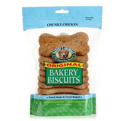 Nature's Animals Presents Nature's Animals Original Bakery Biscuits 13oz (Chicken). Nature's Animals Bakery Biscuits are the Best Treats you can Buy your Pooch. Bakery Biscuits are a 100% Natural and Made with Whole Cuts of Meat, Fresh Vegetables and Gently Cooked Rice. These Treats are Handmade and Always Baked Fresh from the Healthiest, Most Wholesome Ingredients, Tasty Real Flavors and Natural Preservatives. They are Made with Real Chicken Seasoned with a Mouth Watering Blend of Parsley and Garlic and Baked into a Treat your Dog will Love. There are no Artificial Ingredients, Chemical Preservatives, Additives, Artificial Flavors or Colors, Added Salt or Sugar and Absolutely no by-Products or Fillers. That's what Makes Bakery Biscuits so Great, and that's Why Dogs Simply Love Them. [24253]
