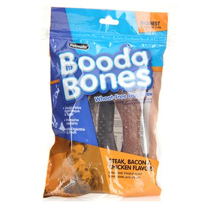 Petmate Presents Booda Bones (Biggest) - Assorted Ckicken/Bacon/Steak Big Bone Chicken/Bacon/Steak 7pk. Booda Bones Wheat-Free Dog Chews are Designed to Help Fight Plaque and Tartar. With our Wholesome Ingredients Booda Bones are Highly Digestible. Case Pk 24 [24387]
