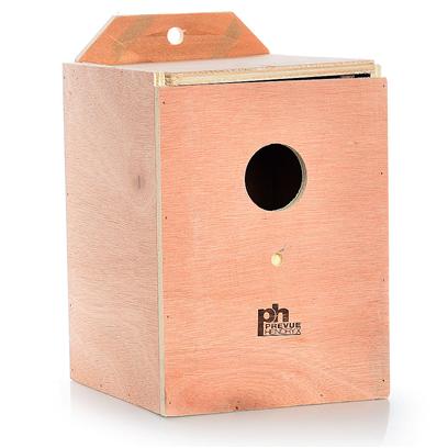Prevue Presents Lovebird Nest Box Wood (Inside Mount). Solid Hardwood Nest Boxes with Indented Bottom Center to Prevent Egg Rolling. Top Opening for Easy Cleaning. 7" X 7 1/8" X 8 "H [24563]