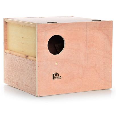 Prevue Presents Cockatiel Nest Wood Box (Outside Mount). 12 "L X 11 "W X 9 7/8" H, Outside Cockatiel Next Box with Indented Center Bottom. Solid Hardwood Offers Two Slide Up Side Panels for Easy Access and Cleaning. [24565]