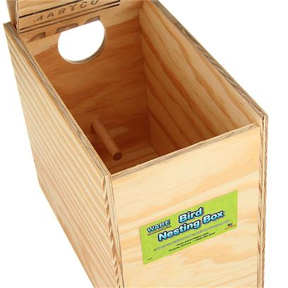 Ware Manufacturing Presents Ware Wood Nesting Box Lovebird Reverse Nest. Fully Assembled and Ready to Use. The Perfect Place for Birds to Nest. Hinged Top, Regular. 10.25"W X 6.25"D X 9.25"H Exterior Grade Plywood with Perch. [24578]