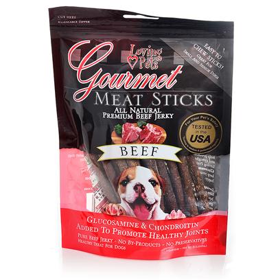 Loving Pets Presents Gourmet all Natural Meat Sticks Beef 6oz. These Gourmet Meat Snacks are 100% all Natural Beef. Glucosamine and Chondroiton are Added for Joint Health, but no Fillers or Preservatives Are. [26490]