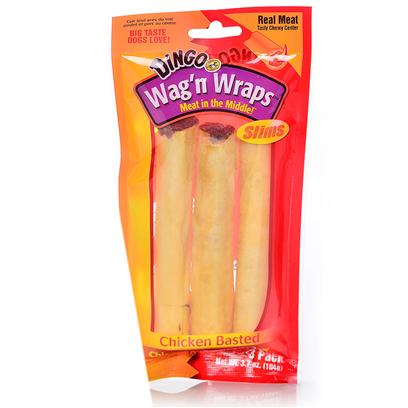 Dingo Brand Presents Dingo Wag'n Wraps Slims Chicken 3 Pack. Dingo Wag'n Wraps Slims are a Premium Rawhide Wrapped Around a Chewy Center that is Made with Real Meat. They are Delicious Treats Dogs Love to Eat. [26506]