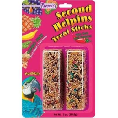 Fm Browns Presents Second Helpins Parrot Sticks 6oz Brown Sec Help Parrt Stick. Second Helpins Treat Sticks are so Irresistibly Tempting, your Companion Pet will Surely Want More . That's Why we Named them Second Helpins! They're Jam-Pakced with Wholesome Pieces of Real Fruits, Nuts, Veggies, Seeds, and Grains. Our Combo Pack Contains One Veggie and One Fruit N Nut Treat Stick! Each Stick is Sprinkled with the Spices your Pet Loves . Plus they're Made with Real Golden Honey. 5 Oz. [26783]