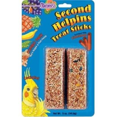 Fm Browns Presents Second Helpins Cockatiel Sticks 6oz Brown Sec Help Tiel Stick. Second Helpins Treat Sticks are so Irresistibly Tempting, your Companion Pet will Surely Want More . That's Why we Named them Second Helpins! They're Jam-Pakced with Wholesome Pieces of Real Fruits, Nuts, Veggies, Seeds, and Grains. Our Combo Pack Contains One Veggie and One Fruit N Nut Treat Stick! Each Stick is Sprinkled with the Spices your Pet Loves . Plus they're Made with Real Golden Honey. 5 Oz. [26784]