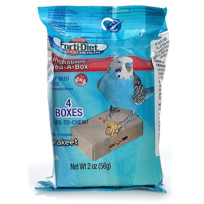 Kaytee Presents Forti Diet Pro Health Munchables Box Parakeet 4 Pack. Pets Love to Explore for Food and Shred and Chew their Way to Tasty Treats. Kaytee Forti-Diet Pro Health Munchables Shred-a-Box™ Provides Four Single Serve, Safe to Chew Boxes with the Ultimate Mix of Nutrition, Mental Stimulation and Fun! Kaytee Added Dha Omega-3 to Support Heart, Brain and Visual Functions and Natural Prebiotics and Probiotics to Aid in the Digestive Health of your Pet. [26797]