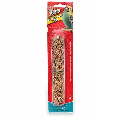 Kaytee Presents Kaytee Fiesta Parakeet Tropical Fruit Stick 3.5oz. Kaytee Fiesta Treat Sticks are a Fun-to-Eat Way to Add Variety and Activity to your Pet's Diet. Choose from any of the Fresh Tasting Flavors to Provide a Healthy Treat Made from Fortified, Nutritious Ingredients. Kaytee Products is Dedicated to the Health and Well Being of your Pet. Feeding Instructions Place Treat Stick in your Pet's Habitat. For Best Results Alternate Varieties and Limit to 1 Stick Per Animal Per Week. Treats Add Variety and can be Fed Up to 20% of the Total Food Intake. Discard Unused Portion if Soiled. Small Birds [26818]