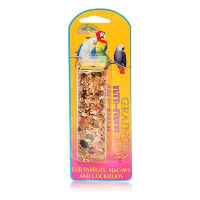 Sun Seed Company Presents Grainola Tutti-Fruitti Fruit Bar 2.5oz (Card) (Parrots Macaws & Cockatooos) Large Parrots Cockatooos. Tropical Fruits, Nuts and Vegetables Combined with Farm Fresh Seeds Make this a Taste Explosion for your Pet. Protein (Min. 13%), Fat (Min. 8%), Fiber (Max. 15%). [26849]