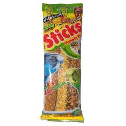 Vitakraft Presents Parakeet Variety Stix 3pk see-through Packaging Vita Keet. Vitakraft Premium Treat Sticks have been Specially Formulated for your Bird with Fresh Fruit, Honey, Cereals, Seeds and Added Vitamins.The Ingredients have been Applied in Three Separate Layers and Baked After Each One so that they don't Crumble and your Bird has to Work to Get at the Treats. 3 Pc [26864]