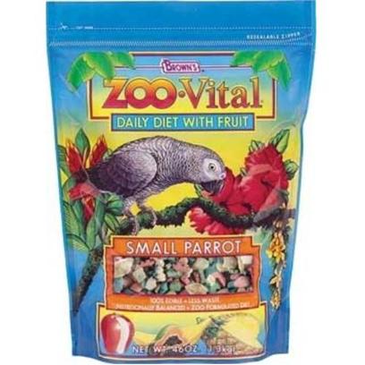 Fm Browns Presents Zoo Vital Small Parrot Pelleted Diet 46oz Pouch (6pc) Brown Vit (Sm) 6pc. Zoo Vital Daily Diet with Fruit is the New Generation of 100% Edible Foods with Less Waste have the Same Professional Qualities as the Foods Used in Zoos. Plus, We've Added Enticing Real Fruit. We Believe it's the Better, Healthier Choice for your Bird. 46 Oz [26937]