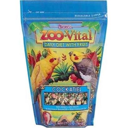 Fm Browns Presents Zoo Vital Cockatiel Pelleted Diet 27oz Pch(6pc) Brown Vit Tiel 6pc. Zoo Vital Daily Diet with Fruit is the New Generation of 100% Edible Foods with Less Waste have the Same Professional Qualities as the Foods Used in Zoos. Plus, We've Added Enticing Real Fruit. We Believe it's the Better, Healthier Choice for your Bird. 27 Oz [26938]