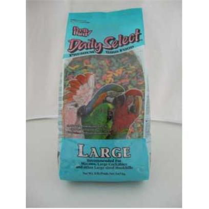 Pretty Bird International Presents Daily Select 3lb-Large (Bag) 3lb Bag. Our Original Multicolored, Multi-Shaped, Extruded Bird Food Containing 14% Protein and 5% Fat. Sized for Large Cockatoos and Macaws. Packaged in 3 Lb. Bags Manufactured 6 Per Case [26975]