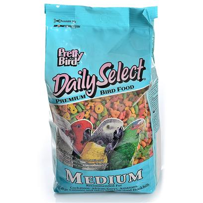 Pretty Bird International Presents Daily Select-Medium Size Birds 3lb Bag. Our Original Multicolored, Multi-Shaped, Extruded Bird Food Containing 14% Protein and 5% Fat. Sized for African Greys, Amazons, Small and Medium Cockatoos, Larger Conures, Small Macaws and Similar Sized Birds. Packaged in 3 Lb. Bags Manufactured 6 Per Case [26977]