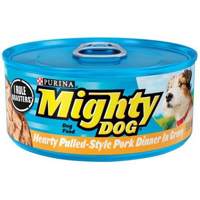Nestle Purina Petcare Presents Mighty Dog Hearty Pulled-Style Pork Dinner in Gravy Canned Food 5.5oz Cans/Case of 24. Mighty Dog Hearty Pulled-Style Pork Dinner in Gravy Canned Dog Food, Savory, Shredded Bites with Mouthwatering Gravy. [27201]