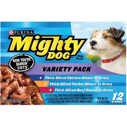 Nestle Purina Petcare Presents Mighty Dog Thick-Sliced Variety Pack for 5.5oz Cans/Variety of 12. Mighty Dog Thick-Sliced Variety Pack for Dogs, Three Flavors your Dog is Sure to Love! [27209]