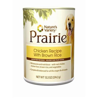 Nature's Variety Presents Nature's Variety Prairie Chicken Recipe with Brown Rice Canned Dog Food 13.2oz Cans/Case of 12. Nature's Variety Prairie- Chicken Recipe with Brown Rice Canned Dog Food. Wholesome & Nutritious, with Real Chicken, Chicken Liver, Brown Rice, and Vegetables. [27220]
