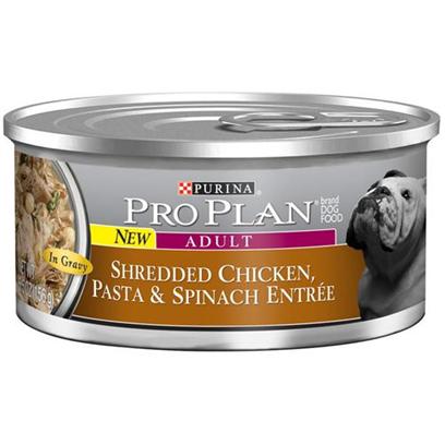 Nestle Purina Presents Purina Pro Plan Canned Shred Chicken Pasta & Spinach for Adult Dogs 5.5oz Cans/Case of 24. About Savor® Adult Shredded Chicken, Pasta & Spinach Entrée in Gravy Made with Real Chicken High-Quality Ingredients for Great Taste [27244]