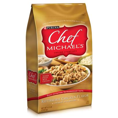 Nestle Purina Petcare Presents Purina Chef Michael's Rotisserie Chicken Dry Dog Food 11.5lb Bag. Analysiscrude Protein (Min.) 28.0%Crude Fat (Min.) 16.0%Crude Fiber (Max.) 3.0%Moisture (Max.) 12.0%Linoleic Acid (Min.) 1.4% Calcium (Ca) (Min) 1.0%Phosphorus (P) (Min.) 0.8% Vitamin a (Min.) 14,000 Iu/Kgvitamin E (Min.) 150 Iu/Kg [27414]