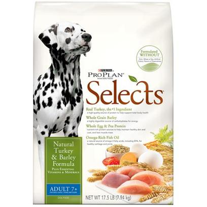Nestle Purina Petcare Presents Purina Pro Plan Selects Turkey and Barley Dry Dog Food for Seniors 17.5lb Bag. Analysis Crude Protein (Min) 28.0 % Crude Fat (Min) 14.0 % Crude Fiber (Max) 4.0 % Moisture (Max) 12.0 % Linoleic Acid (Min) 1.4 % Calcium (Ca) (Min) 1.0 % Phosphorus (P) (Min) 0.9 % Vitamin a (Min) 14,000 Iu/Kg Vitamin E (Min) 460 Iu/Kg Docosahexaenoic Acid (Dha)** (Min) 0.15 % Eicosapentaenoic Acid (Epa)** (Min) 0.15 % Glucosamine** (Min) 700 Ppm Omega-3 Fatty Acids** (Min) 0.4 % Omega-6 Fatty Acids** (Min) 2.0 % **not Recognized as an Essential Nutrient by the Aafco Dog Food Nutrient Profiles. [27531]