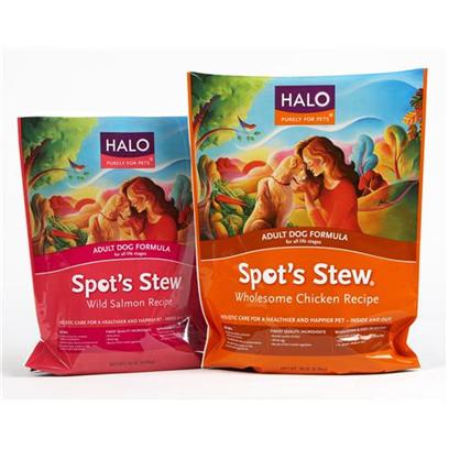 Halo Presents Spot's Stew Wild Salmon Dog Food 28 Lbs. Holistic Nutrition Made with only the Best Real Food Ingredients. Made with a Unique Blend of 3 Protein Sources, Healthy Whole Grains, Fruits and Vegetables for Pure Nutrition and High Digestibility. No Chicken Meal or Other Rendered Animal Parts. No Corn, Wheat or Wheat Gluten. Real Food with Simple Ingredients you Know and Recognize. Slow Cooked Complete and Balanced Recipes. [37301]
