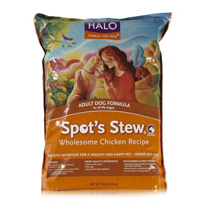 Halo Presents Spot's Stew Wholesome Chicken Puppy Food 18lb Bag. Analysiscrude Protein - 30.0% Mincrude Fat - 20.0% Mincrude Fiber - 6.5% Maxmoisture - 10.0% Maxomega 6 Fatty Acids - 3.1% Min*Omega 3 Fatty Acids - .50% Min*Taurine - 0.1% Min*Lactobacillus Acidophilus - 120,000,000 Cfu/Lb Min*Bifidobacterium Longum - 120,000,000 Cfu/Lb Min*Lactobacillus Plantarum - 120,000,000 Cfu/Lb Min*Enterococcous Faecium - 120,000,000 Cfu/Lb Min**not Recognized as an Essential Nutrient by the Aafco Dog Nutrient Profiles [27570]