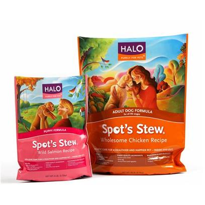 Halo Presents Spot's Stew Wild Salmon Puppy Food 18lb Bag. Analysis Protein - 30.0% Min Fat - 20.0% Min Fiber - 4.0% Max,Br>Moisture - 10.0% Max Omega 6 Fatty Acids - 3.1% Min* Omega 3 Fatty Acids - 50% Min* Taurine - 10% Min Lactobacillus Acidophilus - 120,000,000 Cfu/Lb Min* Bifidobacterium Longum - 120,000,000 Cfu/Lb Min* Lactobacillus Plantarum - 120,000,000 Cfu/Lb Min* Enterococcous Faecium - 120,000,000 Cfu/Lb Min* *not Recognized as an Essential Nutrient by the Aafco Dog Nutrient Profiles [27574]