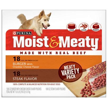 Nestle Purina Petcare Presents Purina Moist & Meaty Steak Burger with Cheese Variety Pack 6oz Pouches/Case of 36. Purina Moist & Meaty is Perfect as a Main Meal, Special Treat or Added to Dry Food.This Variety Pack Contains the Following(18) Burger with Cheddar Cheese(18) Steak Flavor [27656]