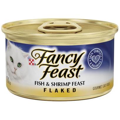 Nestle Purina Petcare Presents Fancy Feast Canned Flaked Fish and Shrimp for Cats 3oz Cans-Case of 24. Analysis Crude Protein (Min) 17.5% Crude Fat (Min) 2.0% Crude Fiber (Max) 1.5% Moisture (Max) 78.0% Ash (Max) 3.0% Taurine (Min) 0.05% [27797]