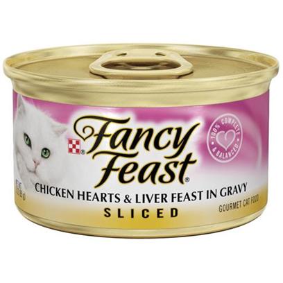 Nestle Purina Petcare Presents Fancy Feast Canned Chicken Hearts and Liver for Cats 3oz Cans/Case of 24. Analysis Crude Protein (Min) 11.0% Crude Fat (Min) 2.0% Crude Fiber (Max) 1.5% Moisture (Max) 78.0% Ash (Max) 2.7% Taurine (Min) 0.05% [27808]