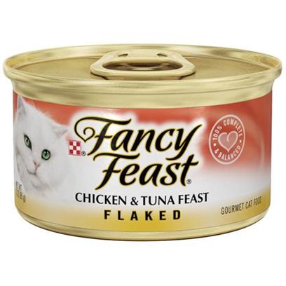 Nestle Purina Petcare Presents Fancy Feast Canned Chicken and Tuna for Cats Flaked 3oz Cans/Case of 24. Analysis Crude Protein (Min) 14.0% Crude Fat (Min) 3.0% Crude Fiber (Max) 1.5% Moisture (Max) 78.0% Ash (Max) 3.5% Taurine (Min) 0.05% [27811]