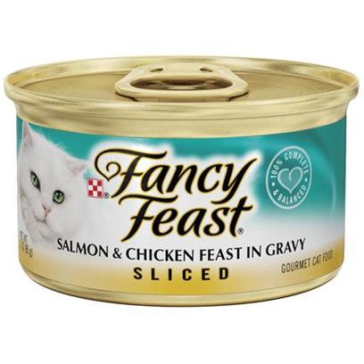 Nestle Purina Petcare Presents Fancy Feast Canned Sliced Salmon and Chicken for Cats 3oz Cans/Case of 24. Analysis Crude Protein (Min) 11.0% Crude Fat (Min) 2.0% Crude Fiber (Max) 1.5% Moisture (Max) 78.0% Ash (Max) 2.7% Taurine (Min) 0.05% [27812]