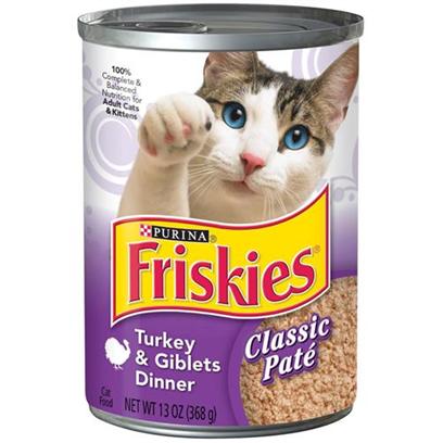 Nestle Purina Presents Friskies Classic Pate Turkey & Giblets Dinner for Cats 13.2oz Cans-Case of 24. Analysis Crude Protein (Minimum)9.00% Crude Fat (Minimum)3.50% Crude Fiber (Maximum)1.50% Moisture (Maximum)82.00% [27860]
