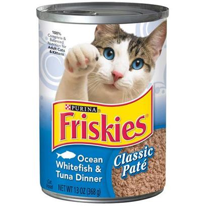 Nestle Purina Petcare Presents Friskies Canned Classic Pate Ocean Whitefish & Tuna for Cats 13.2oz Cans-Case of 24. Analysis Crude Protein (Minimum)11.00% Crude Fat (Minimum)4.00% Crude Fiber (Maximum)1.50% Moisture (Maximum)78.00% [27862]