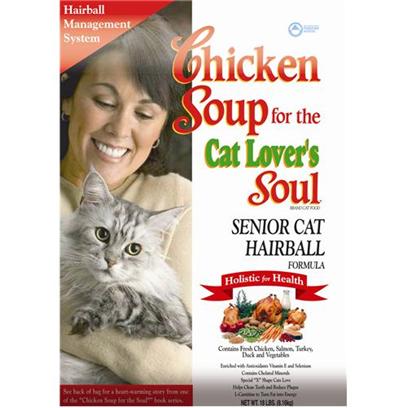 Diamond Pet Foods Presents Chicken Soup for the Cat Lover's Soul-Senior Hairball Formula 18lb Bag. Analysis Crude Protein 10.0% Minimum Crude Fat 5 .0% Minimum Crude Fiber 2.5% Maximum Moisture 78.0% Maximum Ash 2.0% Maximum Calorie Content 1,150 Kcal/Kg (179 Kcal/can) Calculated Metabolizable Energy. [27864]