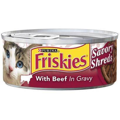 Nestle Purina Petcare Presents Friskies Canned Savory Shreds with Beef for Cats 5.5oz Cans-Case of 24. Analysis Crude Protein (Min.) 9%, Crude Fat (Min.) 3%, Crude Fiber (Max.) 1.5%, Moisture (Max.) 82%, Ash (Max.) 2%, Taurine (Min.) 0.05%. [27917]