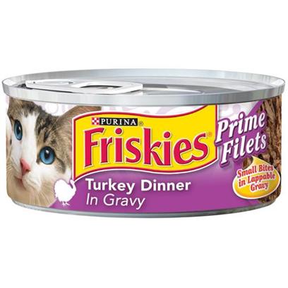Nestle Purina Petcare Presents Friskies Canned Prime Filet of Turkey for Cats 5.5oz Cans-Case 24. Analysis Crude Protein (Min.) 12%, Crude Fat (Min.) 2%, Crude Fiber (Max.) 1.5%, Moisture (Max.) 78%, Ash (Max.) 2.7%, Taurine (Min.) 0.05%. [27921]