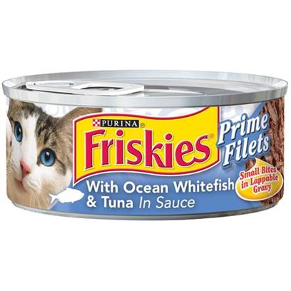 Nestle Purina Petcare Presents Friskies Canned Prime Filet Ocean Whitefish & Tuna for Cats 5.5oz Cans-Case of 24. Analysis Crude Protein (Min.) 12%, Crude Fat (Min.) 2%, Crude Fiber (Max.) 1.5%, Moisture (Max.) 78%, Ash (Max.) 2.5%, Taurine (Min.) 0.05%. [27922]