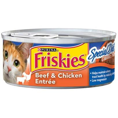 Nestle Purina Petcare Presents Friskies Classic Pate Special Diet Beef and Chicken for Cats 5.5oz Cans/Case of 24. Analysis Crude Protein (Minimum)10.00% Crude Fat (Minimum)7.00% Crude Fiber (Maximum)0.50% Moisture (Maximum)78.00% [27931]