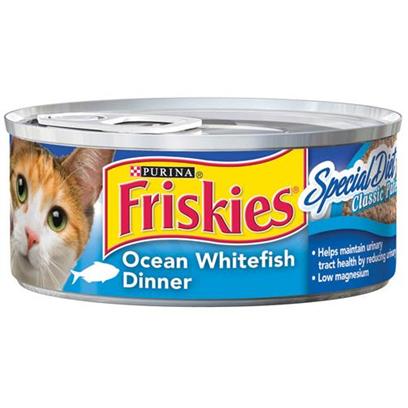Nestle Purina Petcare Presents Friskies Classic Pate Special Diet Ocean Whitefish for Cats 5.5oz Cans/Case of 24. Analysis Crude Protein (Minimum)10.00% Crude Fat (Minimum)6.50% Crude Fiber (Maximum)0.50% Moisture (Maximum)78.00% [27933]