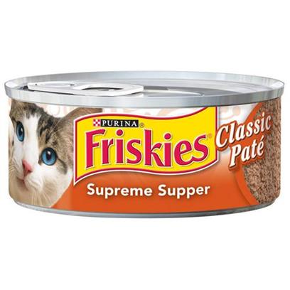 Nestle Purina Petcare Presents Friskies Classic Pate Supreme Supper for Cats 5.5oz Cans/Case of 24. Analysis Crude Protein (Minimum)10.00% Crude Fat (Minimum)5.00% Crude Fiber (Maximum)1.50% Moisture (Maximum)78.00% [27934]