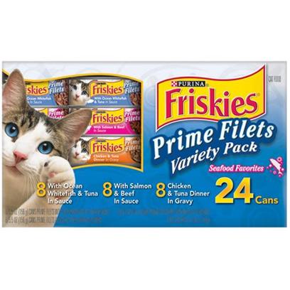 Nestle Purina Petcare Presents Friskies Prime Filets Surf Variety Pack for Cats 24 5.5oz Cans-8 of Each Ocean Whitefish & Tuna Salmon Beef Chicken. Analysis see Individual Product Details for Guaranteed Analysis. [27960]