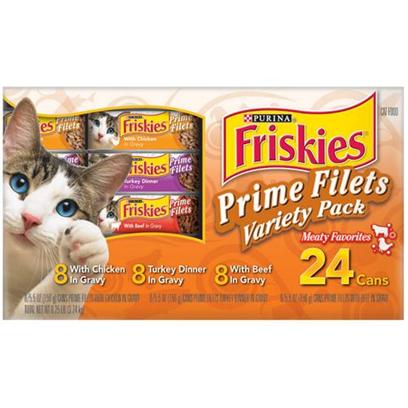 Nestle Purina Petcare Presents Friskies Prime Filets Turf Variety Pack for Cats 5.5oz Cans/Case of 24. Analysis see Individual Product Details for Guaranteed Analysis. [27961]
