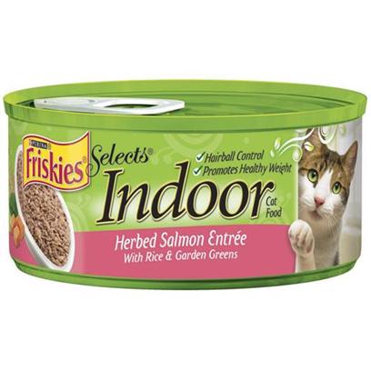 Nestle Purina Petcare Presents Friskies Select Indoor Salmon Entree for Cats 5.5oz Cans/Case of 24. Analysis Crude Protein (Min.) 7%, Crude Fat (Min.) 3%, Crude Fiber (Max.) 1.5%, Moisture (Max.) 78%, Ash (Max.) 3.3%, Taurine (Min.) 0.04%. [27965]