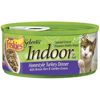 Nestle Purina Petcare Presents Friskies Select Indoor Homestyle Turkey for Cats 24 5.5oz Cans. Analysis Crude Protein (Min.) 8%, Crude Fat (Min.) 2%, Crude Fiber (Max.) 1.5%, Moisture (Max.) 78%, Ash (Max.) 2.5%, Taurine (Min.) 0.05%. [27967]
