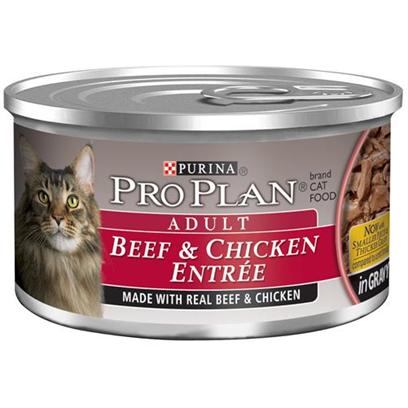 Nestle Purina Petcare Presents Pro Plan Canned Beef/Chicken in Gravy for Cats 24 3oz Cans. Analysis Crude Protein (Min) - 11.0 % Crude Fat (Min) 2.0 % Crude Fiber (Max) - 1.5 % Moisture (Max) - 78.0 % Ash (Max) 2.7 % Taurine (Min) 0.05 % [28002]