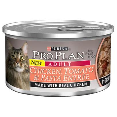 Nestle Purina Petcare Presents Pro Plan Canned Chicken/Tomato in Gravy for Cats 24 3oz Cans. Analysis Crude Protein (Min) - 10.0 % Crude Fat (Min) - 2.0 % Crude Fiber (Max) - 1.5 % Moisture (Max) - 82.0 % Ash (Max) - 3.0 % Taurine (Min) 0.05 % [28006]