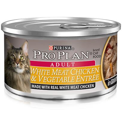 Nestle Purina Petcare Presents Pro Plan Canned Chicken/Vegetable in Gravy for Cats Chicken/Vegetables 24 3oz Cans. Analysis Crude Protein (Min) - 10.0 % Crude Fat (Min) - 2.0 % Crude Fiber (Max) - 1.5 % Moisture (Max) - 82.0 % Ash (Max) - 3.0 % Taurine (Min) 0.05 % [28011]
