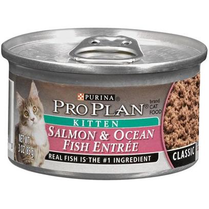 Nestle Purina Petcare Presents Pro Plan Canned Salmon/Ocean Whitefish for Cats 24 3oz Cans. Analysis Crude Protein (Min) - 13.0 % Crude Fat (Min) - 6.0 % Crude Fiber (Max) - 1.5 % Moisture (Max) - 76.5 % Ash (Max) - 3.7 % Taurine (Min) -0 0.05 % [28014]