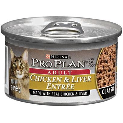 Nestle Purina Petcare Presents Pro Plan Canned Chicken/Liver for Adult Cats Cat 24 3oz Cans. Analysis Crude Protein (Min) - 11.0 % Crude Fat (Min) - 5.5 % Crude Fiber (Max) - 1.5 % Moisture (Max) - 78.0 % Ash (Max) - 3.0 % Taurine (Min) 0.05 % [28015]